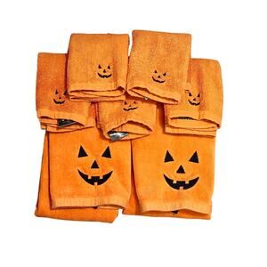 Casaba Orange Embroidered Black Jack O Lantern Face Hand Towel Washcloth Lot7